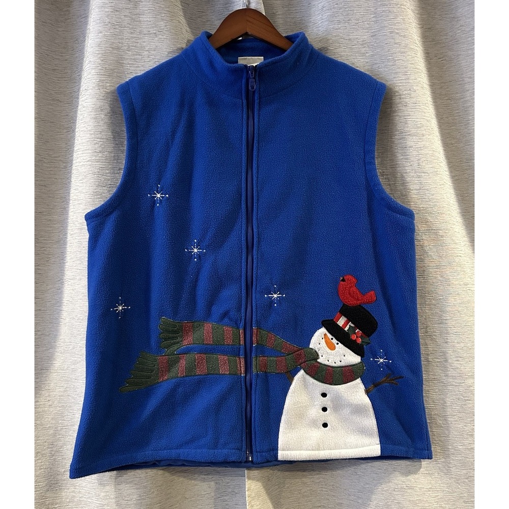 Christmas Fleece Patched‎ Embroidered Vest Large Snowman Cardinal